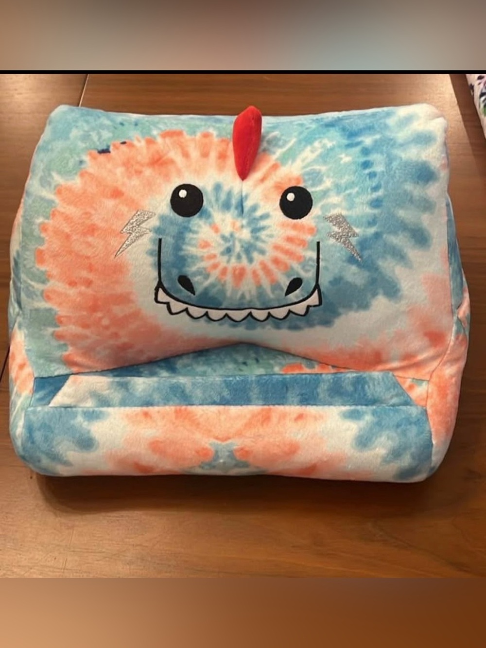 Under One Sky Dino Plush Tablet Holder Pink Blue Tie Dye Dinosaur Stand